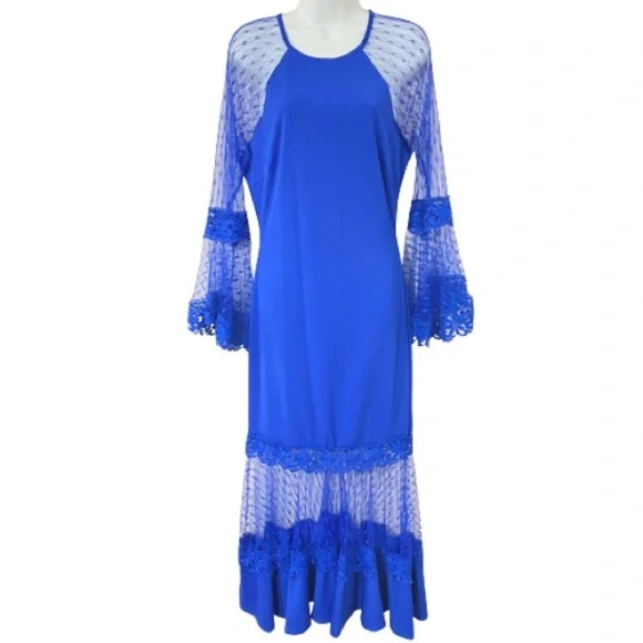 New Bell Sleeve Mesh Fit and Flare Royal Blue Women’s Formal Dress - Picture 3 of 10